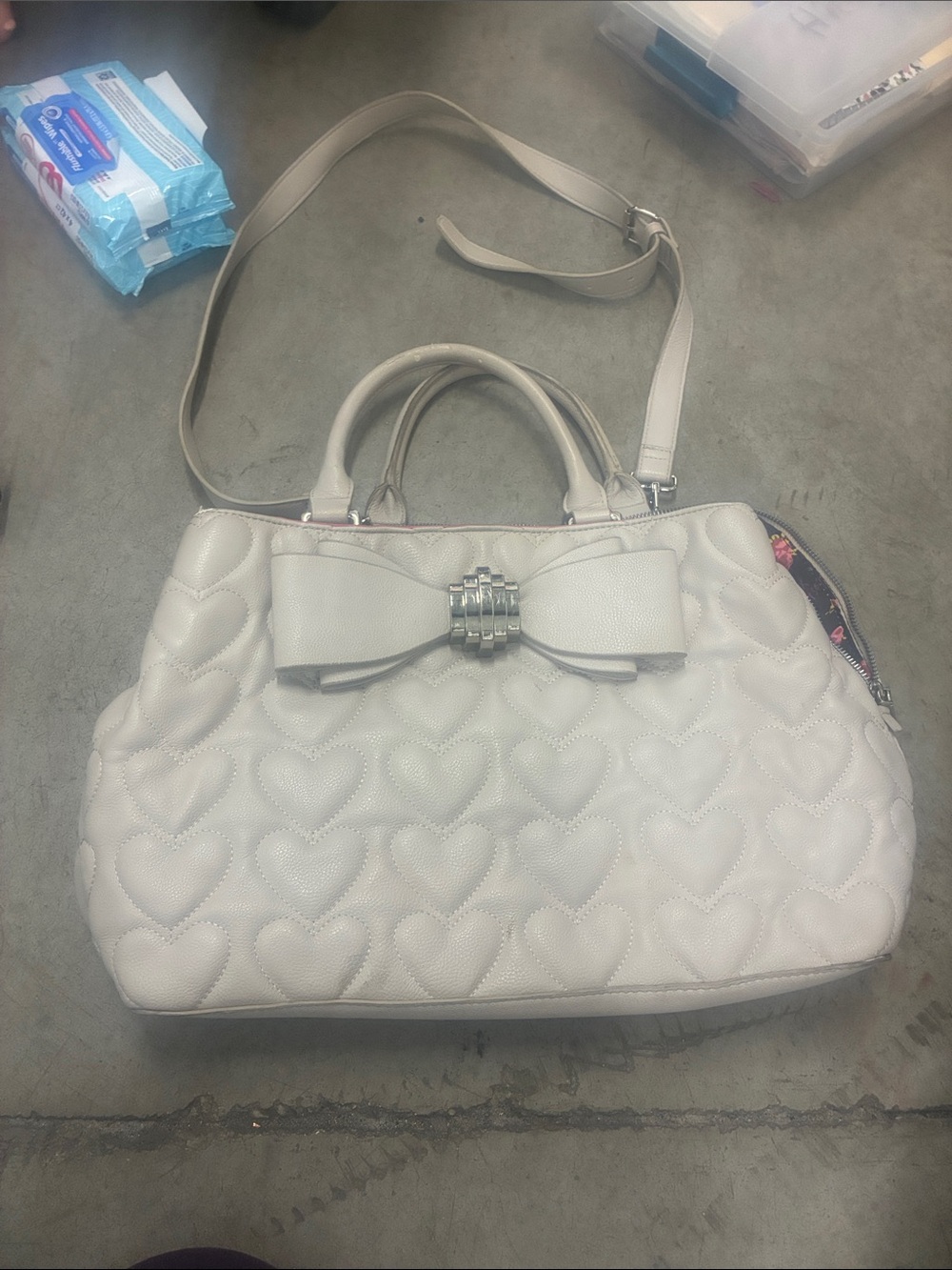 Betsey Johnson Cream Quilted Heart Satchel with Bow Accent